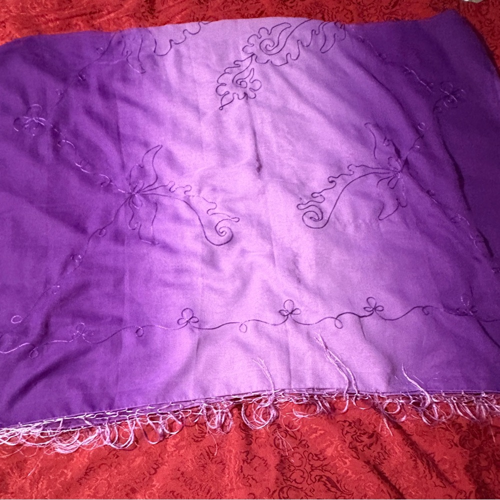 Purple Embroidered Shawl with Fringe